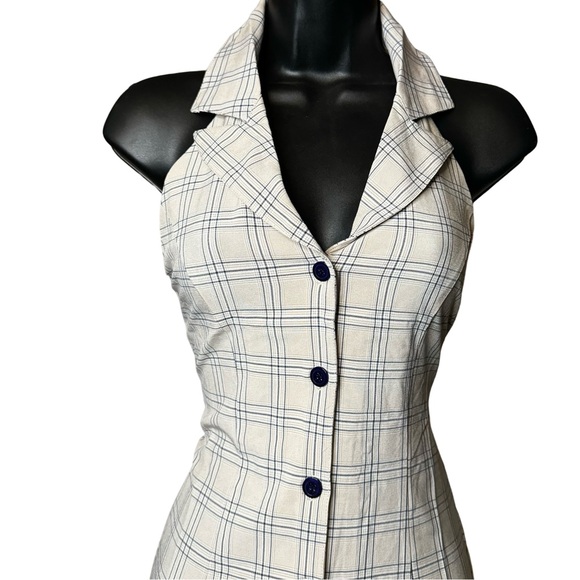 OLIVACEOUS NWT Plaid Tan/Navy Halter Dress / S - Picture 2 of 7